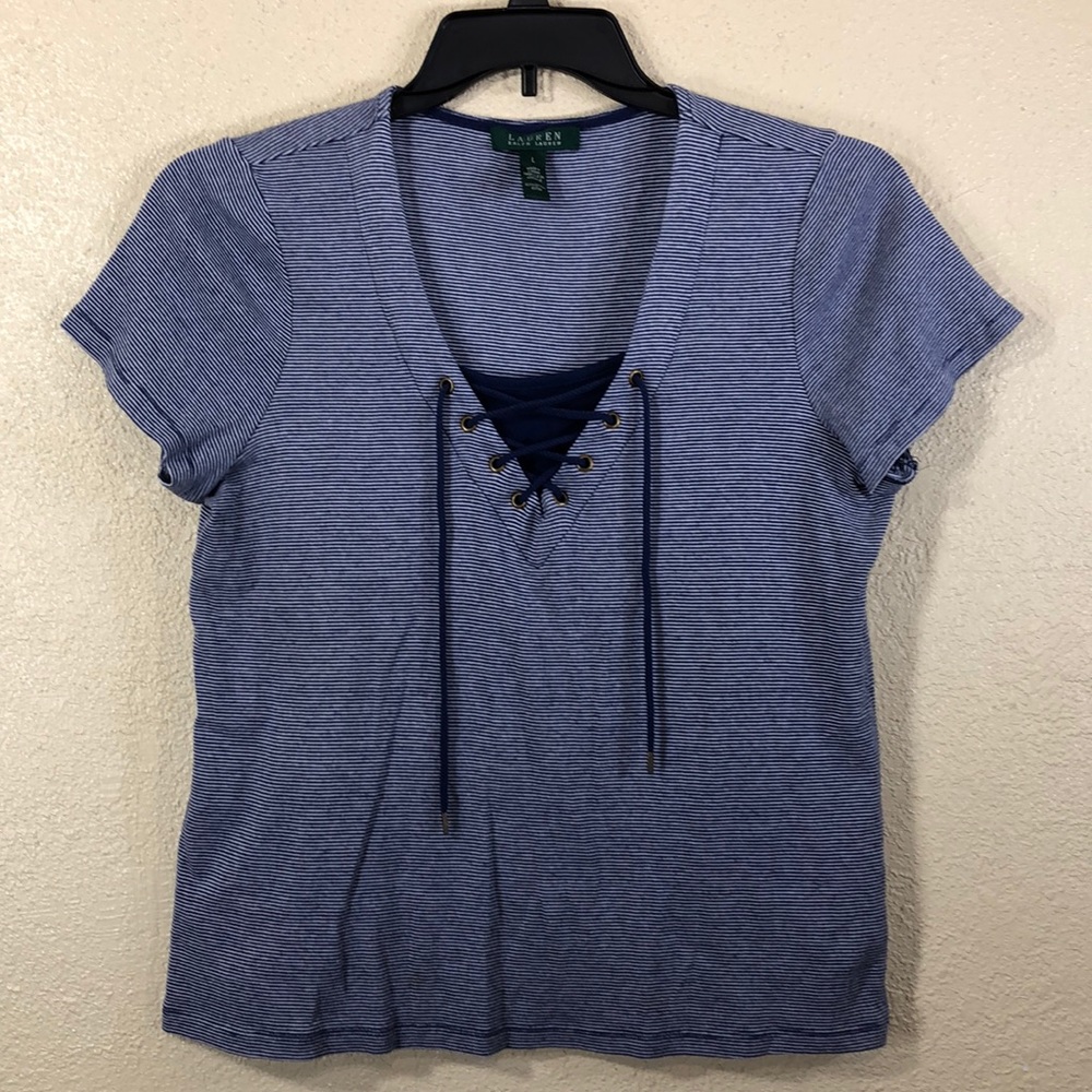 Ralph Lauren Top Tee Blue White Stripes L Stretchy Crop Short Sleeve